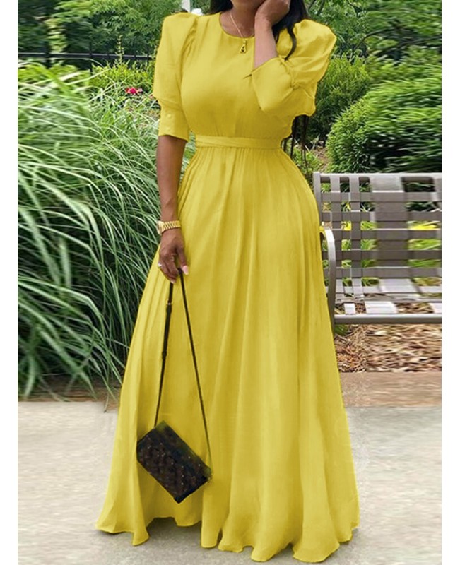 Women Solid Puff Sleeve Button Cuffs Ankle Length Retro Midi Dresses - Black S Women Solid Puff Sleeve Button Cuffs Ankle Length Retro Midi Dresses - Black S