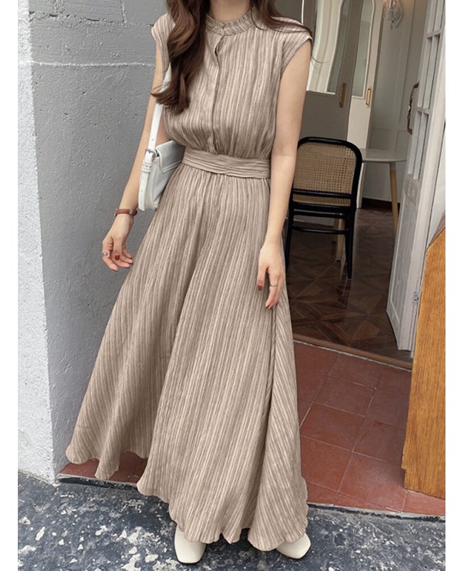 Textured Stand Collar Sleeveless Maxi Dress With Belt - Green S