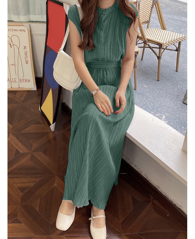 Textured Stand Collar Sleeveless Maxi Dress With Belt - Green S