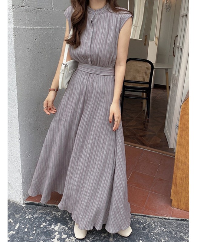 Textured Stand Collar Sleeveless Maxi Dress With Belt - Green S