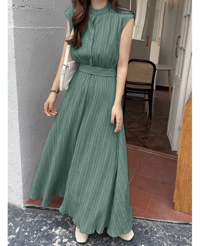 Textured Stand Collar Sleeveless Maxi Dress With Belt - Green S