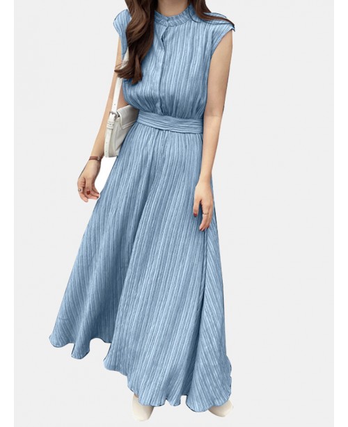 Textured Stand Collar Sleeveless Maxi Dress With B...