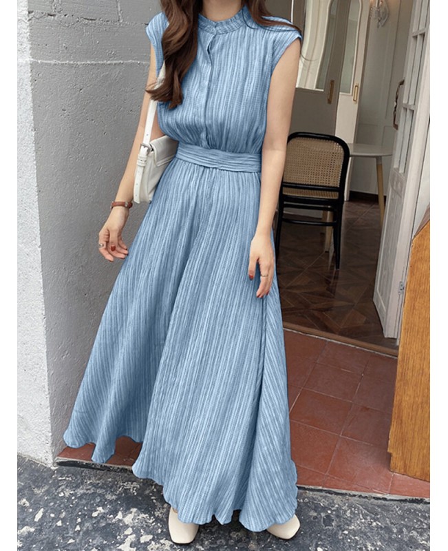 Textured Stand Collar Sleeveless Maxi Dress With Belt - Green S