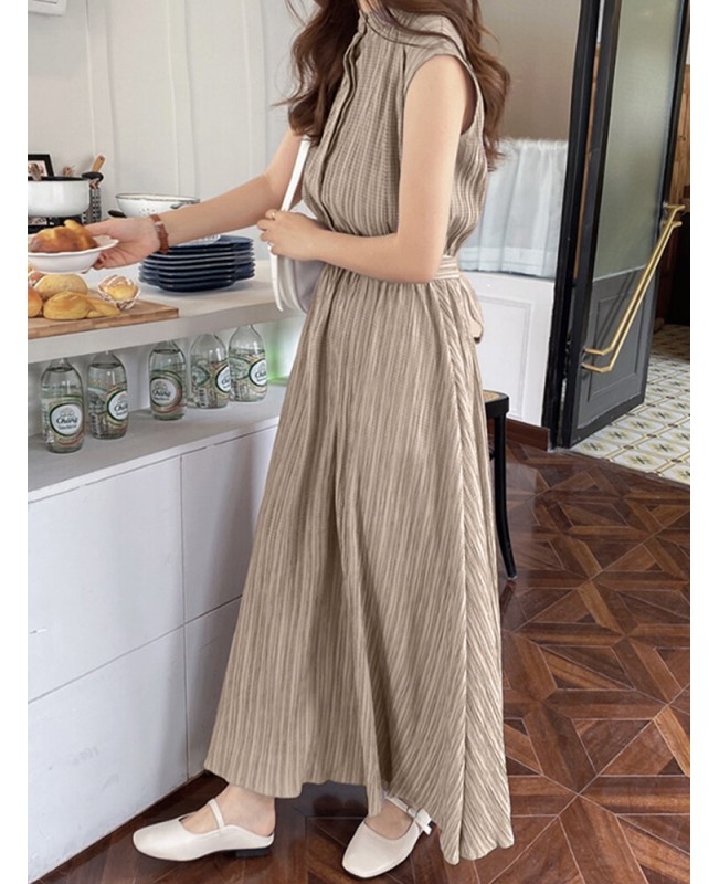 Textured Stand Collar Sleeveless Maxi Dress With Belt - Green S