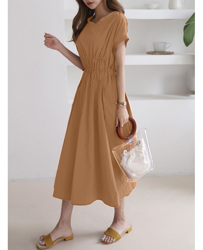 Solid Drawstring Short Sleeve Round Neck Casual Midi Dress - Dark Grey M