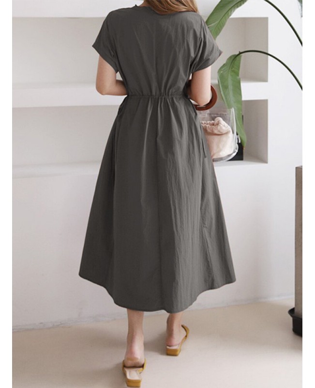 Solid Drawstring Short Sleeve Round Neck Casual Midi Dress - Dark Grey M