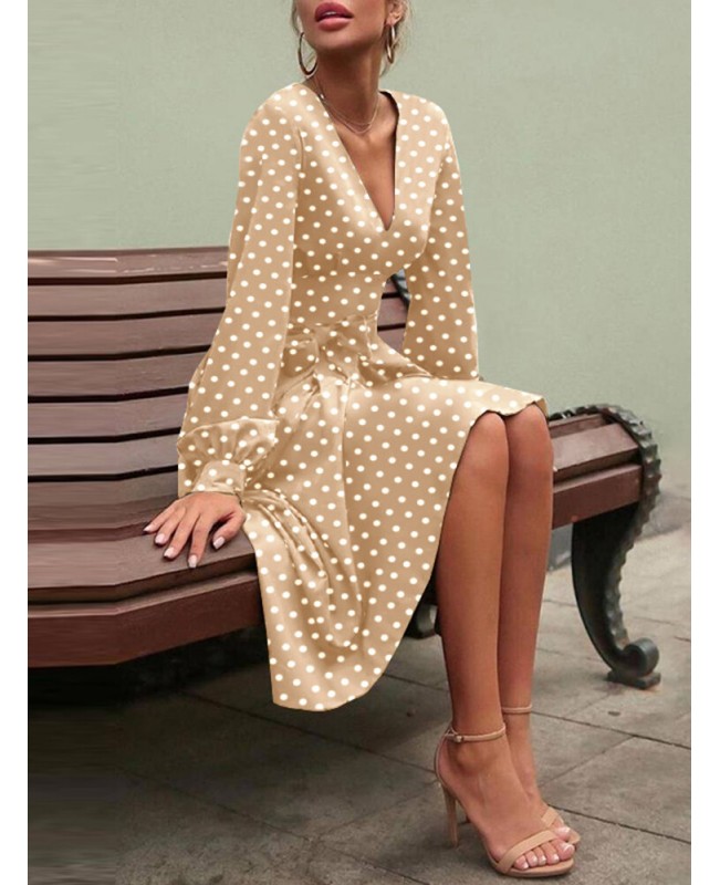 Polka Dot Print Long Sleeve V-neck Knotted Dress - Black S