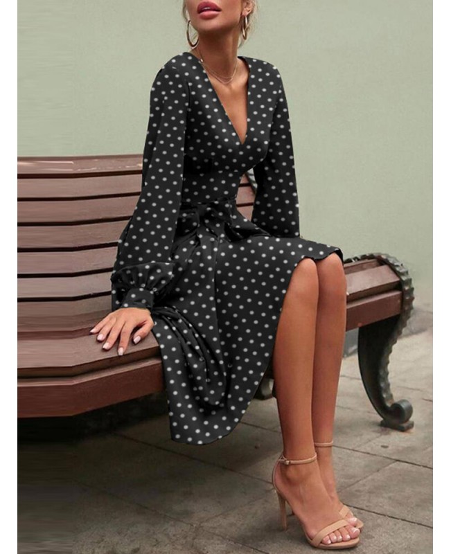 Polka Dot Print Long Sleeve V-neck Knotted Dress - Black S