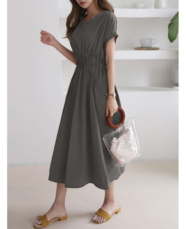 Solid Drawstring Short Sleeve Round Neck Casual Midi Dress - Dark Grey M