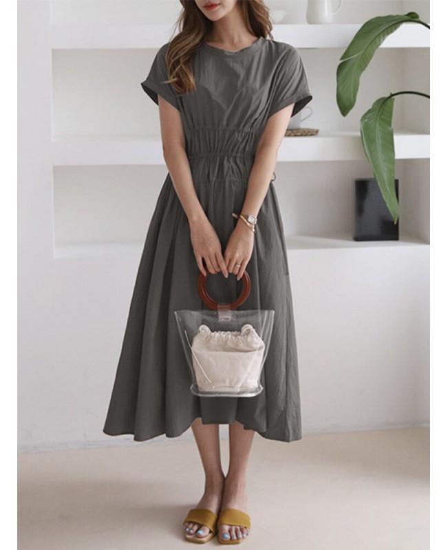 Solid Drawstring Short Sleeve Round Neck Casual Midi Dress - Dark Grey M