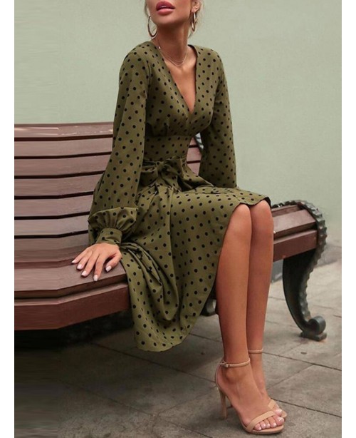 Polka Dot Print Long Sleeve V-neck Knotted Dress -...