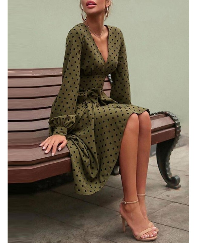 Polka Dot Print Long Sleeve V-neck Knotted Dress - Black S