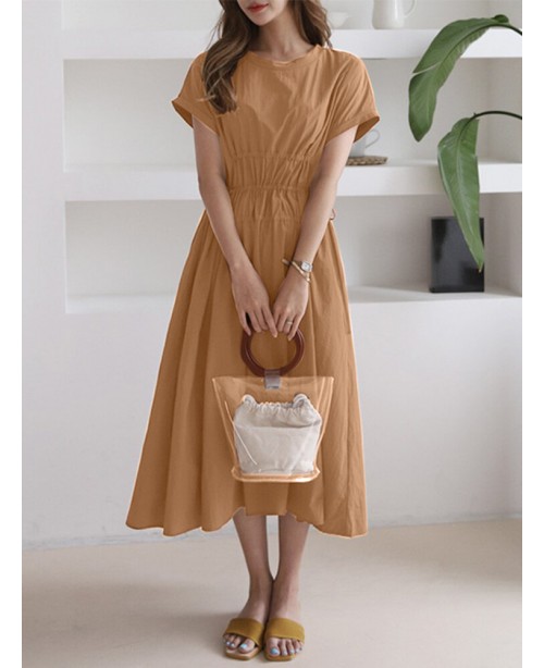 Solid Drawstring Short Sleeve Round Neck Casual Mi...