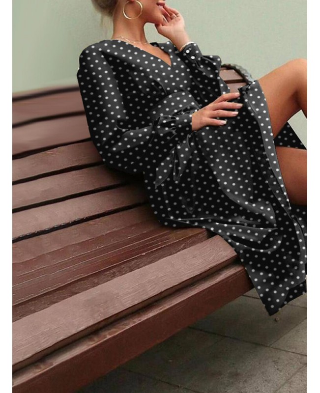 Polka Dot Print Long Sleeve V-neck Knotted Dress - Black S