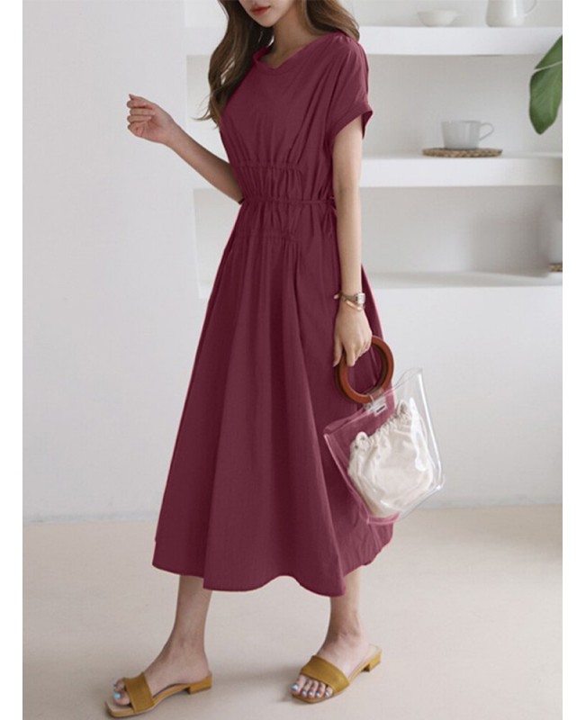 Solid Drawstring Short Sleeve Round Neck Casual Midi Dress - Dark Grey M