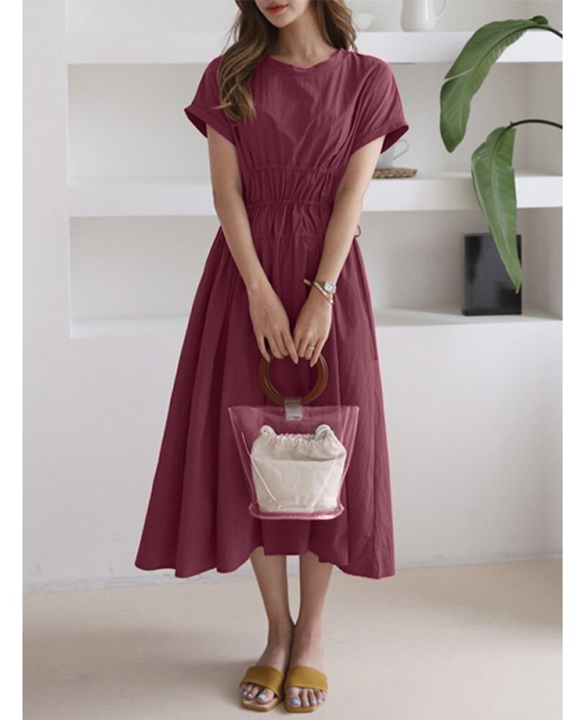 Solid Drawstring Short Sleeve Round Neck Casual Midi Dress - Dark Grey M