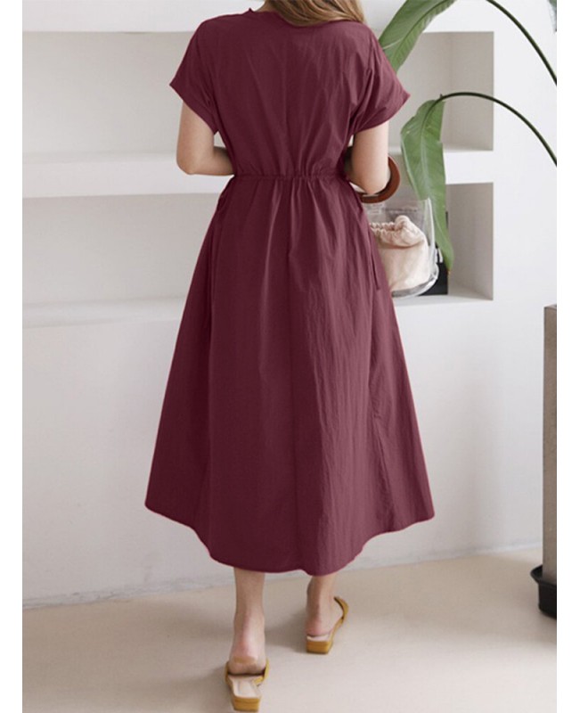 Solid Drawstring Short Sleeve Round Neck Casual Midi Dress - Dark Grey M