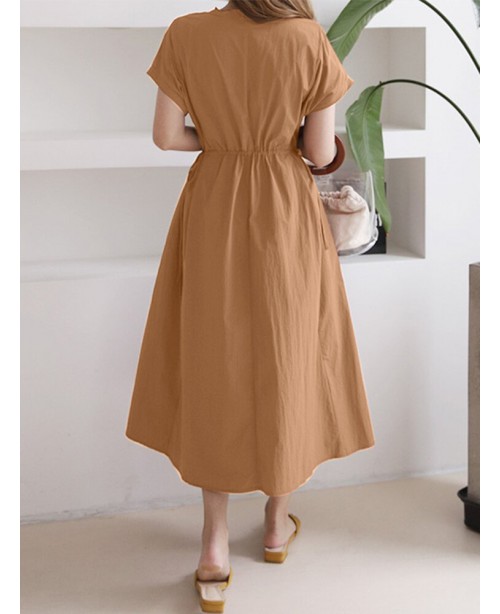 Solid Drawstring Short Sleeve Round Neck Casual Mi...