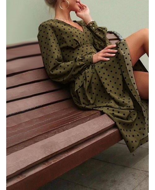 Polka Dot Print Long Sleeve V-neck Knotted Dress -...