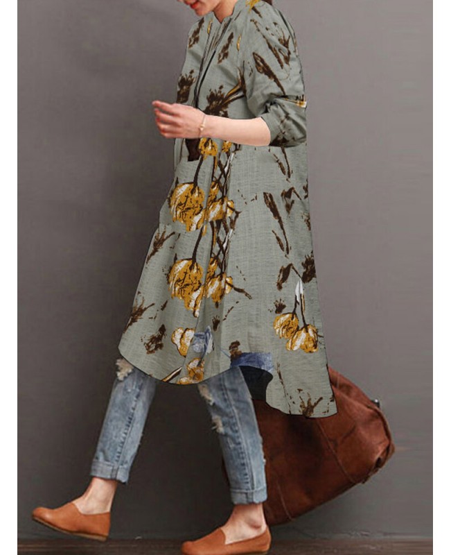 Women Floral Print Button Front High Low Hem Long Sleeve Midi Shirt Dress - Apricot S