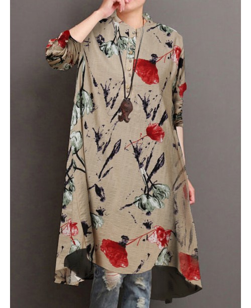 Women Floral Print Button Front High Low Hem Long ...