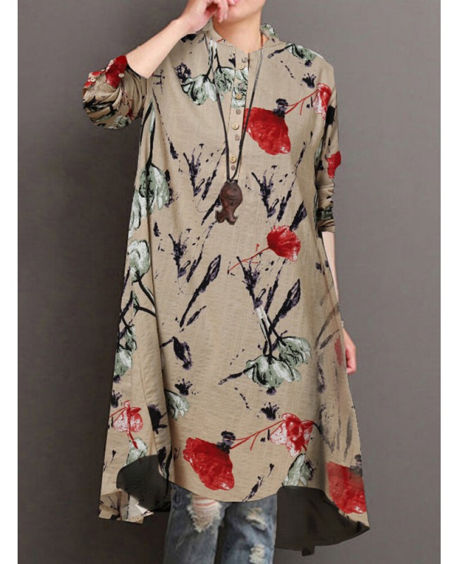 Women Floral Print Button Front High Low Hem Long Sleeve Midi Shirt Dress - Apricot S