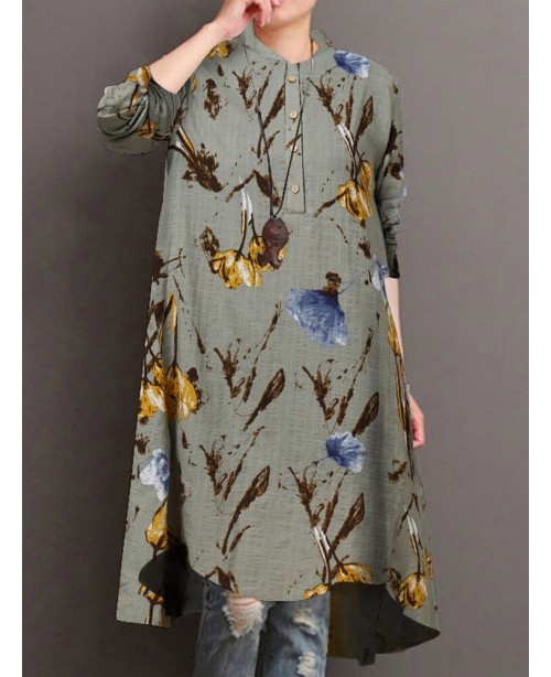 Women Floral Print Button Front High Low Hem Long ...