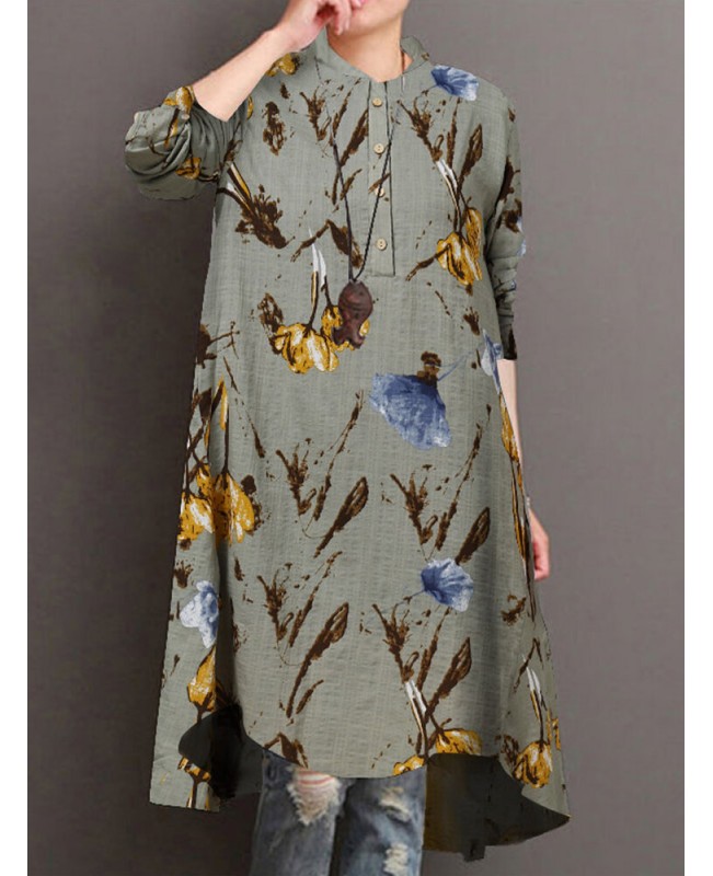 Women Floral Print Button Front High Low Hem Long Sleeve Midi Shirt Dress - Apricot S