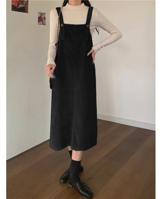 Women Solid Adjustable Shoulder Strap Front Pocket Corduroy Button Sleeveless Midi Dresses - Black S Women Solid Adjustable Shoulder Strap Front Pocket Corduroy Button Sleeveless Midi Dresses - Black S