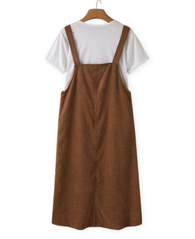 Women Solid Adjustable Shoulder Strap Front Pocket Corduroy Button Sleeveless Midi Dresses - Black S Women Solid Adjustable Shoulder Strap Front Pocket Corduroy Button Sleeveless Midi Dresses - Black S