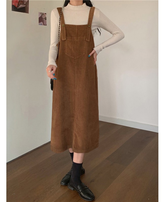 Women Solid Adjustable Shoulder Strap Front Pocket Corduroy Button Sleeveless Midi Dresses - Black S Women Solid Adjustable Shoulder Strap Front Pocket Corduroy Button Sleeveless Midi Dresses - Black S