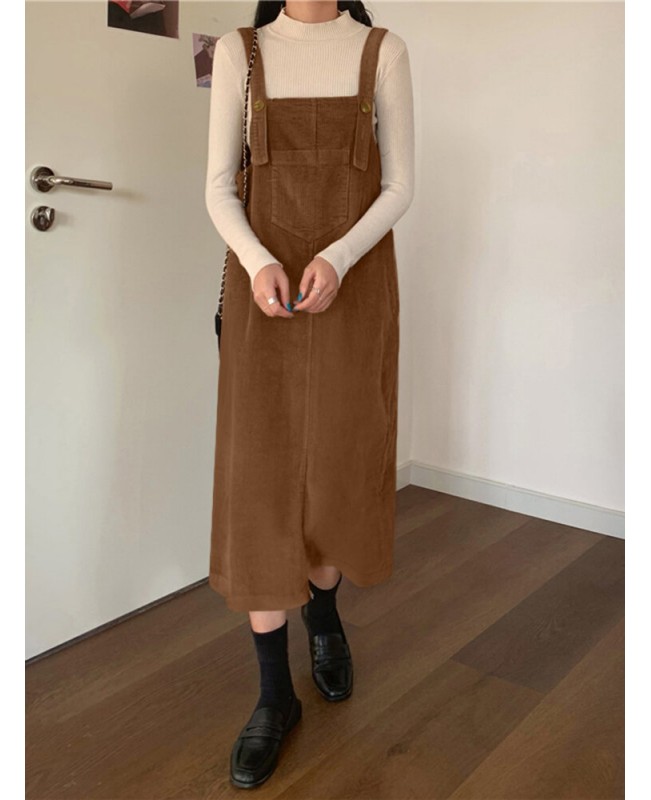 Women Solid Adjustable Shoulder Strap Front Pocket Corduroy Button Sleeveless Midi Dresses - Black S Women Solid Adjustable Shoulder Strap Front Pocket Corduroy Button Sleeveless Midi Dresses - Black S