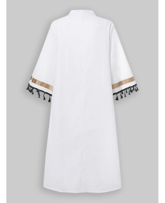 Patchwork Tassel Button Cotton Stand Collar Half Sleeve Midi Dress - White S