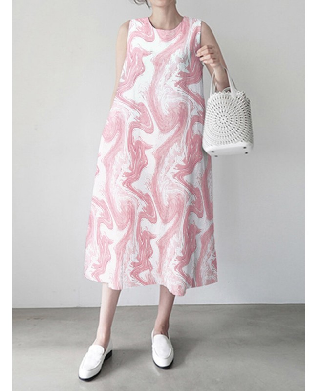 Wave Pattern Sleeveless Round Neck Print Dress - Green S