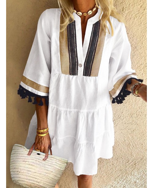 Patchwork Tassel Button Cotton Stand Collar Half S...