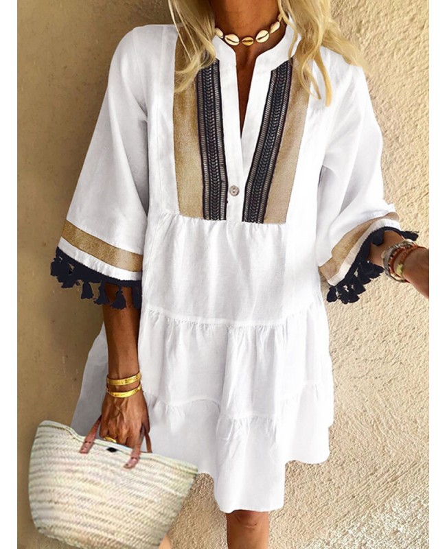 Patchwork Tassel Button Cotton Stand Collar Half Sleeve Midi Dress - White S