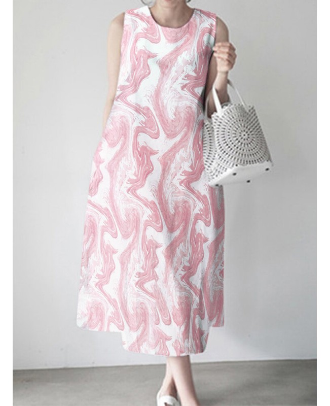 Wave Pattern Sleeveless Round Neck Print Dress - Green S