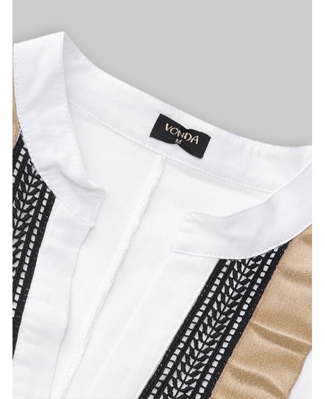 Patchwork Tassel Button Cotton Stand Collar Half Sleeve Midi Dress - White S