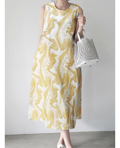 Wave Pattern Sleeveless Round Neck Print Dress - G...