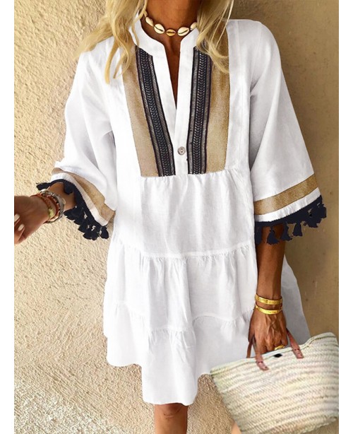 Patchwork Tassel Button Cotton Stand Collar Half S...