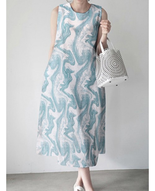 Wave Pattern Sleeveless Round Neck Print Dress - G...