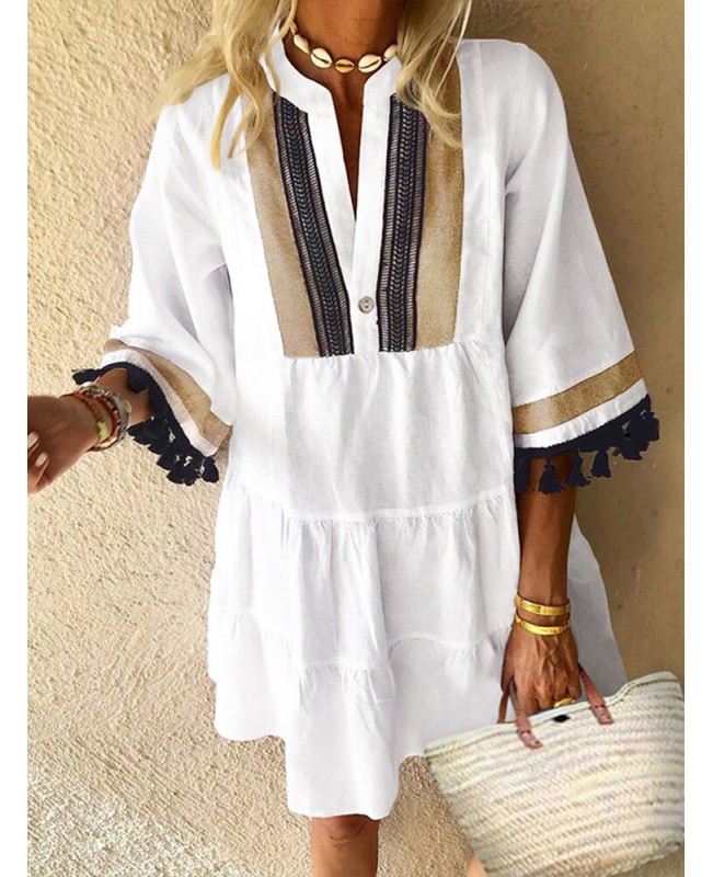 Patchwork Tassel Button Cotton Stand Collar Half Sleeve Midi Dress - White S