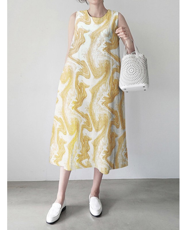 Wave Pattern Sleeveless Round Neck Print Dress - Green S