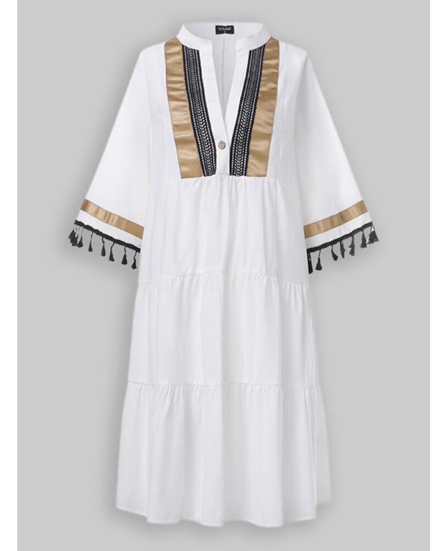 Patchwork Tassel Button Cotton Stand Collar Half Sleeve Midi Dress - White S