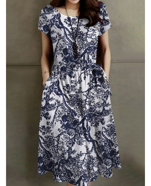 Plants Print Pocket Drawstring Waist Short Sleeve ...