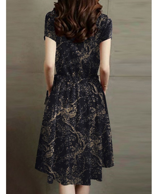 Plants Print Pocket Drawstring Waist Short Sleeve Vintage Dress - White S
