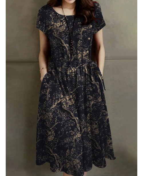 Plants Print Pocket Drawstring Waist Short Sleeve ...