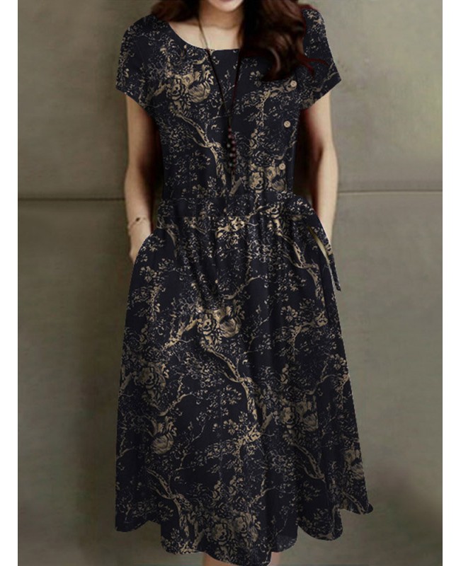 Plants Print Pocket Drawstring Waist Short Sleeve Vintage Dress - White S