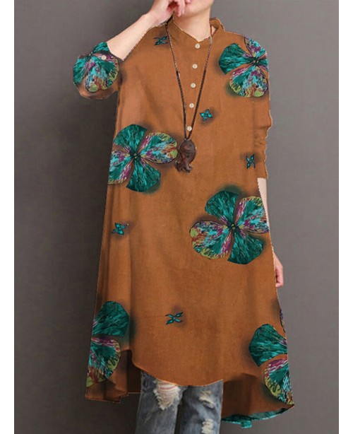 Women Cotton Button Vintage Print High-Low Hem Ret...