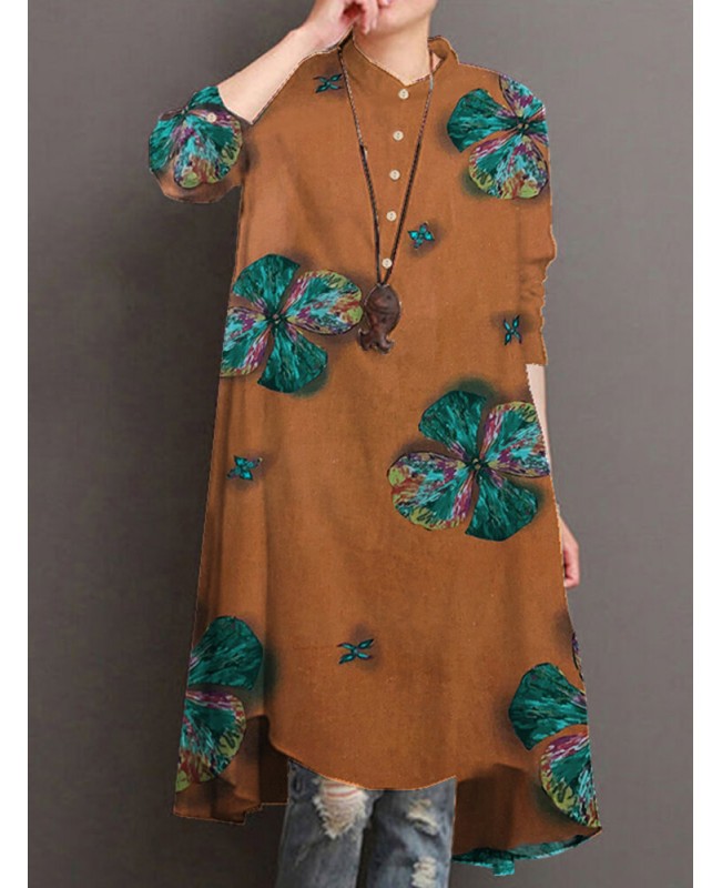 Women Cotton Button Vintage Print High-Low Hem Retro Shirt Dress - Orange S
